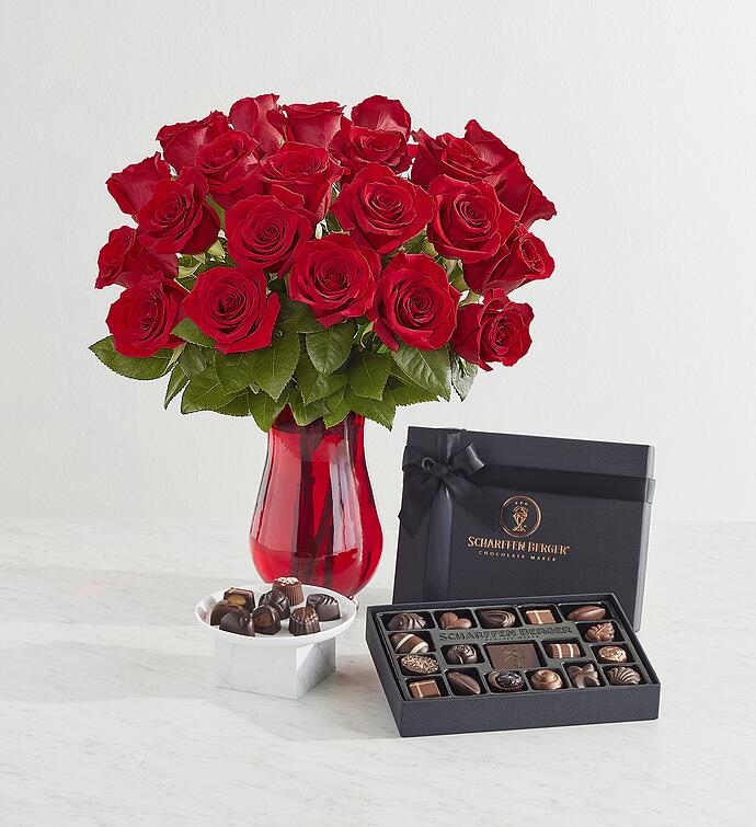 Scharffen Berger® Chocolatier's Collection with Two Dozen Red Roses