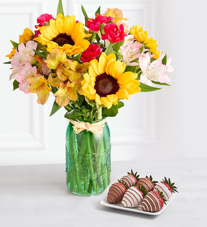 Warm Sunset™ Bouquet & Drizzled Strawberries